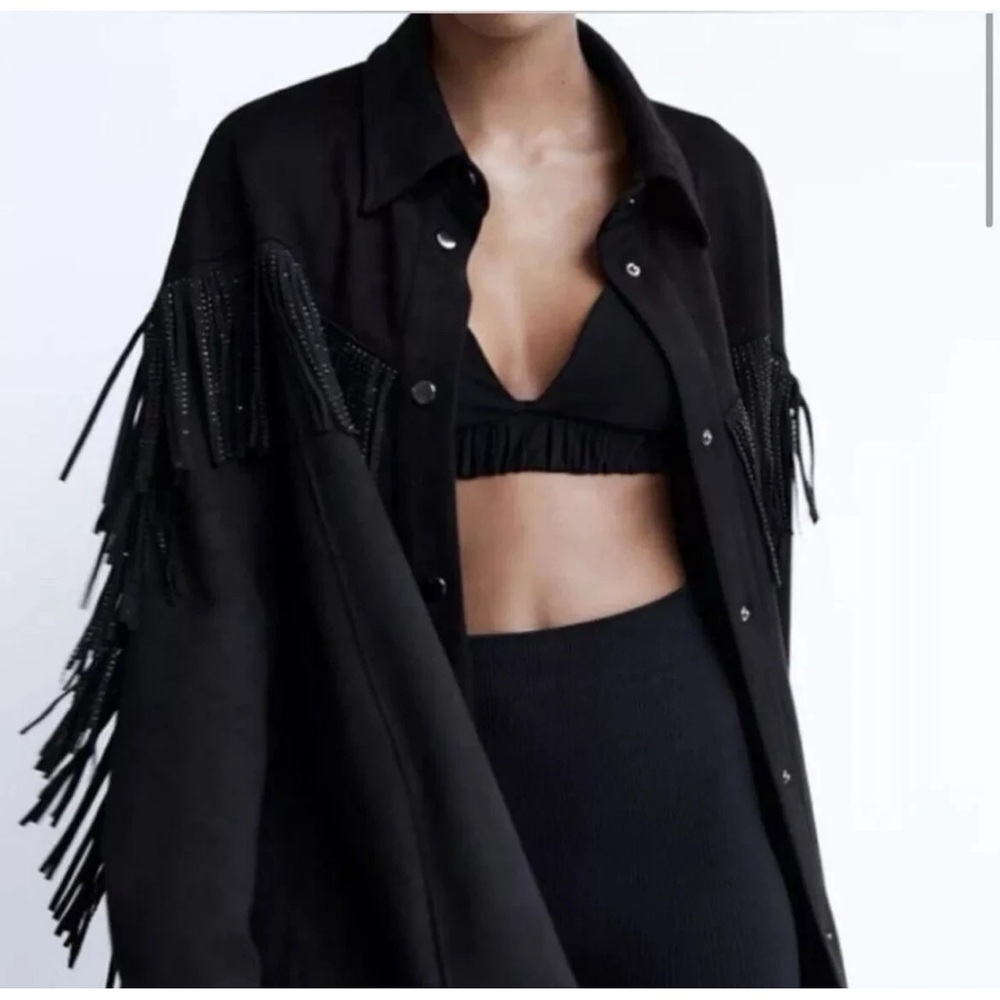 NWT Zara Black Oversized Suede Fringed Shirt Jacket , size S